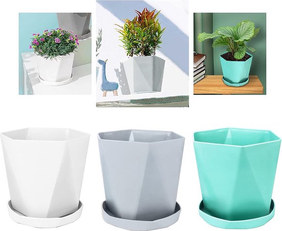 Pot de fleurs en plastique, ensemble de 3 pots de fleurs et soucoupes, pot  de plantes