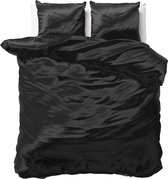 dekbedovertrek de couette Luxe en satin brillant uni noir - double (200x200/220) - contre l'acné, les impuretés et les cheveux en désordre - merveilleusement douce et souple