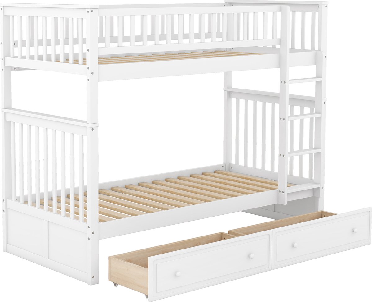 Merax 90x200 cm Stapelbed - Kinderbed met Schubladen - Multifunctioneel Slaapbed - Cabrio Bed - Wit