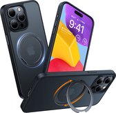 Torras geschikt voor iPhone 15 Pro Max MagSafe draadloos oplaadbare hoesje met 360° verstelbaar Kickstand standaard - Doorzichtig Mat Zwart