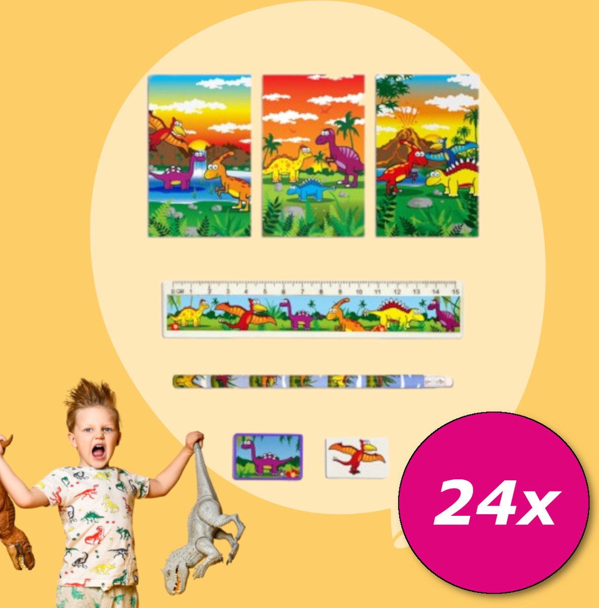 Tuf-Tuf Uitdeelcadeaus 24 STUKS 5-Delige Dino Schrijfset- Speelgoed - Traktatie Uitdeelcadeautjes voor kinderen