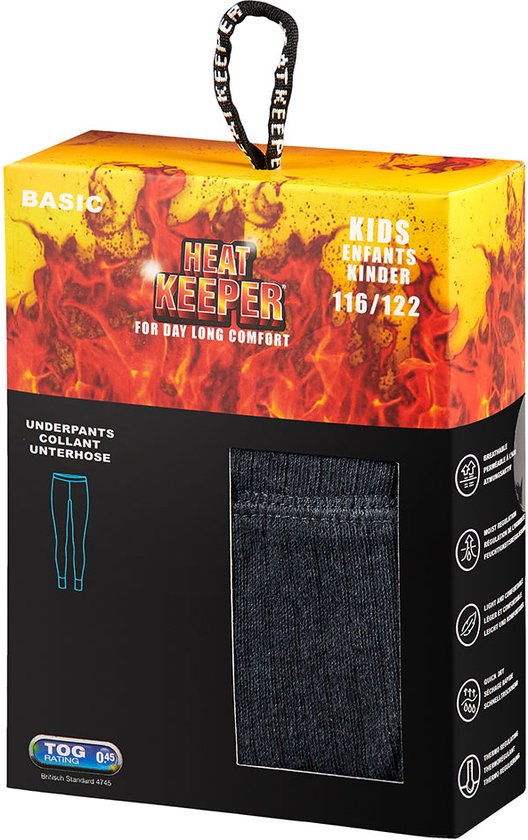 Verpakking Heat Keeper kinder thermobroek, antraciet melange, met vlammenprint en tekst 'KIDS 116/122'.