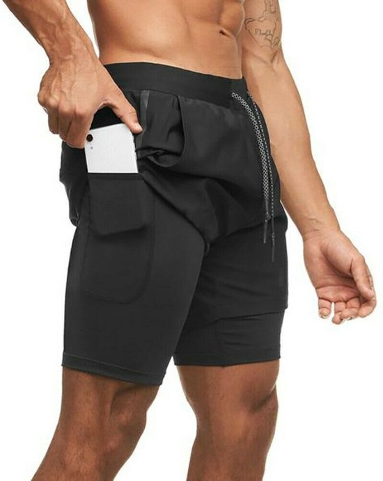 Fritzline© Pantalon de sport 2 en 1 noir taille L avec poche téléphone -  Short de