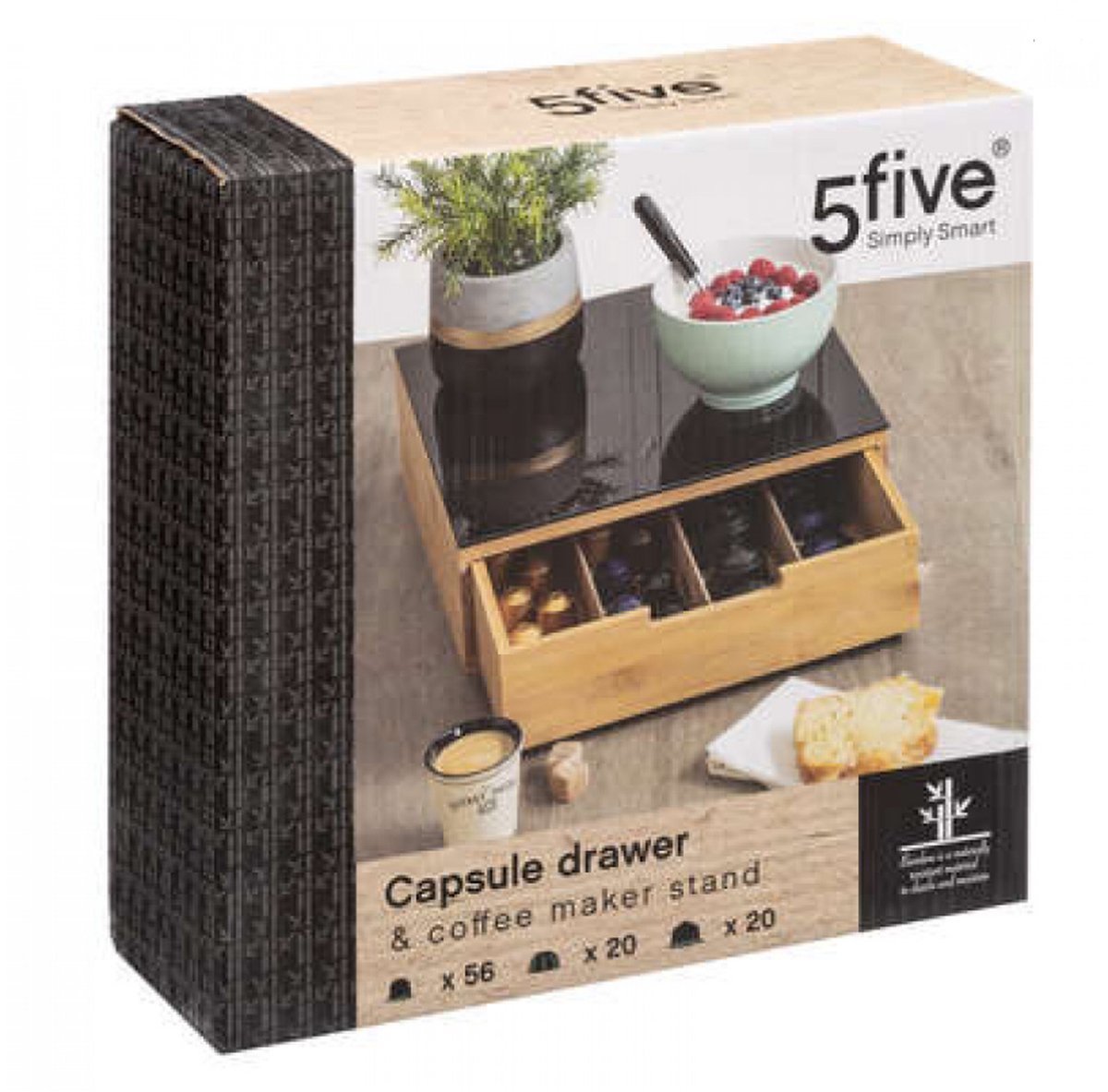 Five® - Opbergdoos - Koffiecups/theezakjes - Glasplaat - Bamboe - 30 x 30 x 10 cm - Vierkant