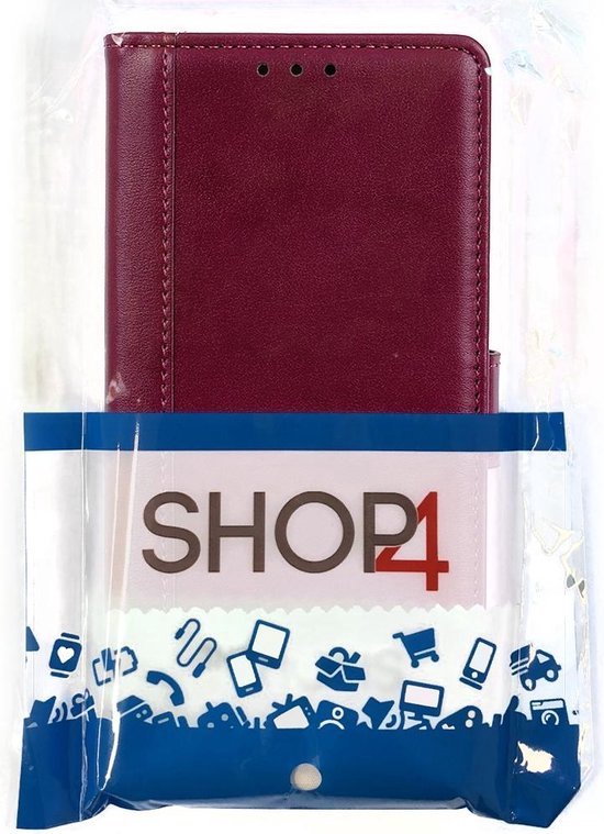 Étui portefeuille bordeaux dans son emballage, avec logo 'SHOP4' et diverses icônes.