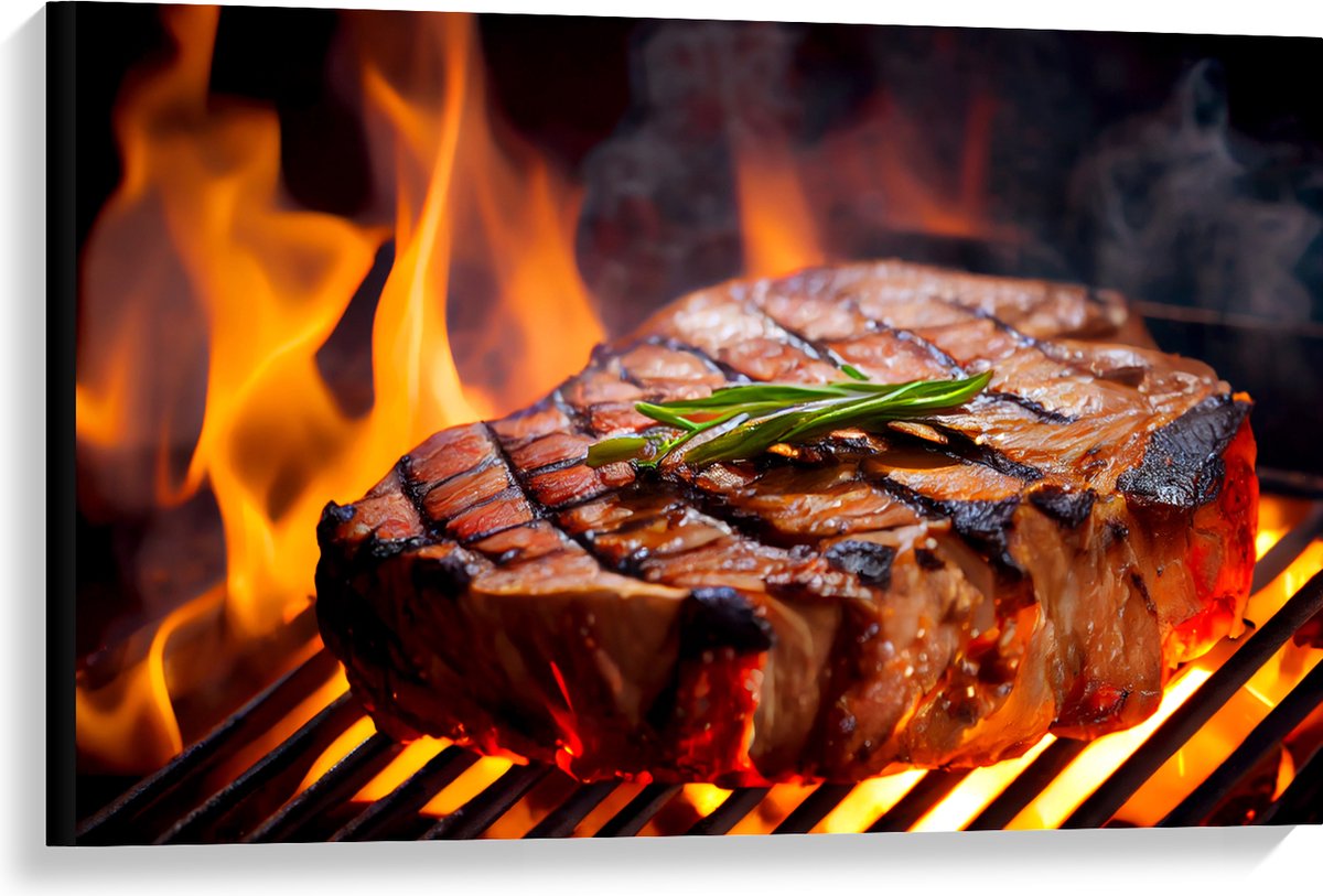 Canvas - Brandende Steak op Barbecue - 90x60 cm Foto op Canvas Schilderij (Wanddecoratie o