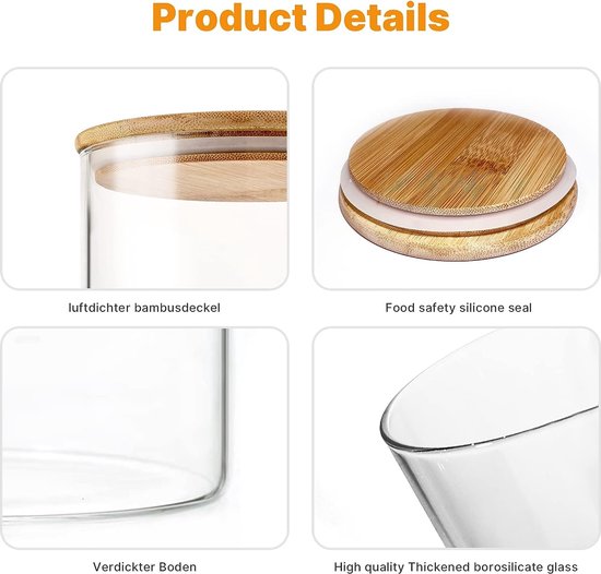 Productdetails van glazen voorraadpotten: luchtdicht bamboedeksel, voedselveilige siliconenring, verdikte bodem, borosilicaatglas.