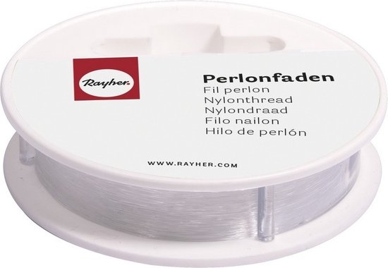 Witte kunststof spoel met Rayher Perlonfaden. Duidelijke draad op een witte spoel.