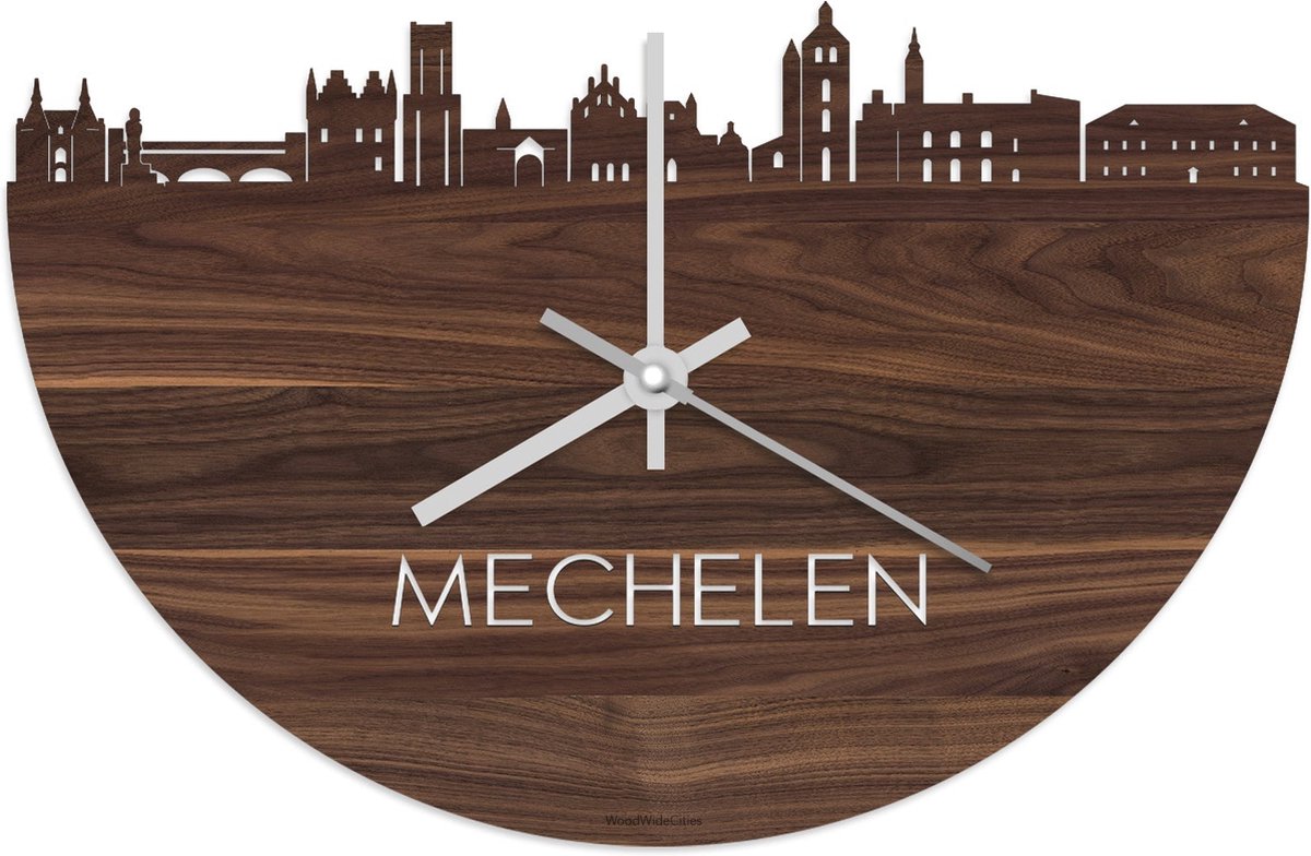 Skyline Klok Mechelen Notenhout - Ø 40 cm - Stil uurwerk - Wanddecoratie - Meer steden beschikbaar - Woonkamer idee - Woondecoratie - City Art - Steden kunst - Cadeau voor hem - Cadeau voor haar - Jubileum - Trouwerij - Housewarming - WoodWideCities