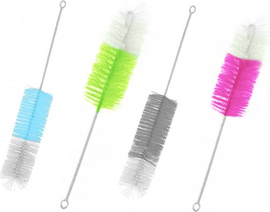 Vier flesborstels: blauw/grijs, groen/wit, grijs/wit en roze/wit.