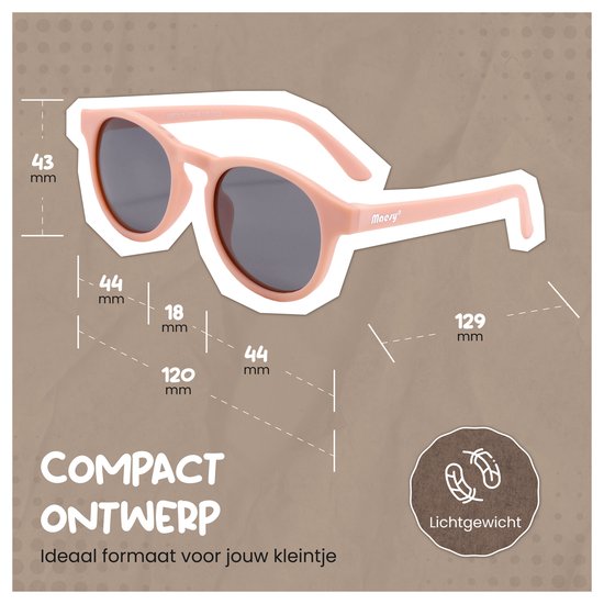 Lunettes de soleil roses pour enfants avec dimensions : 43 mm de hauteur, 44 mm de largeur, pont de 18 mm, largeur de 120 mm.