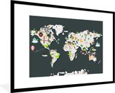 Fotolijst incl. Poster - Wereldkaart - Dieren - Grijs - 90x60 cm - Posterlijst