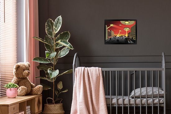 Photo encadrée - Une illustration d'OVNIS attaquant un cadre photo de ville noir 80x60 cm - Affiche encadrée (Décoration murale salon / chambre)