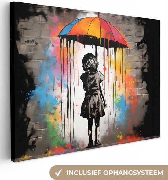 Canvas Schilderij Meisje - Kunst - Paraplu - Graffiti - Kleuren - Muur - Wanddecoratie