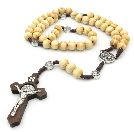 Chapelet naturel et marron avec grosses perles en bois et croix avec Jésus