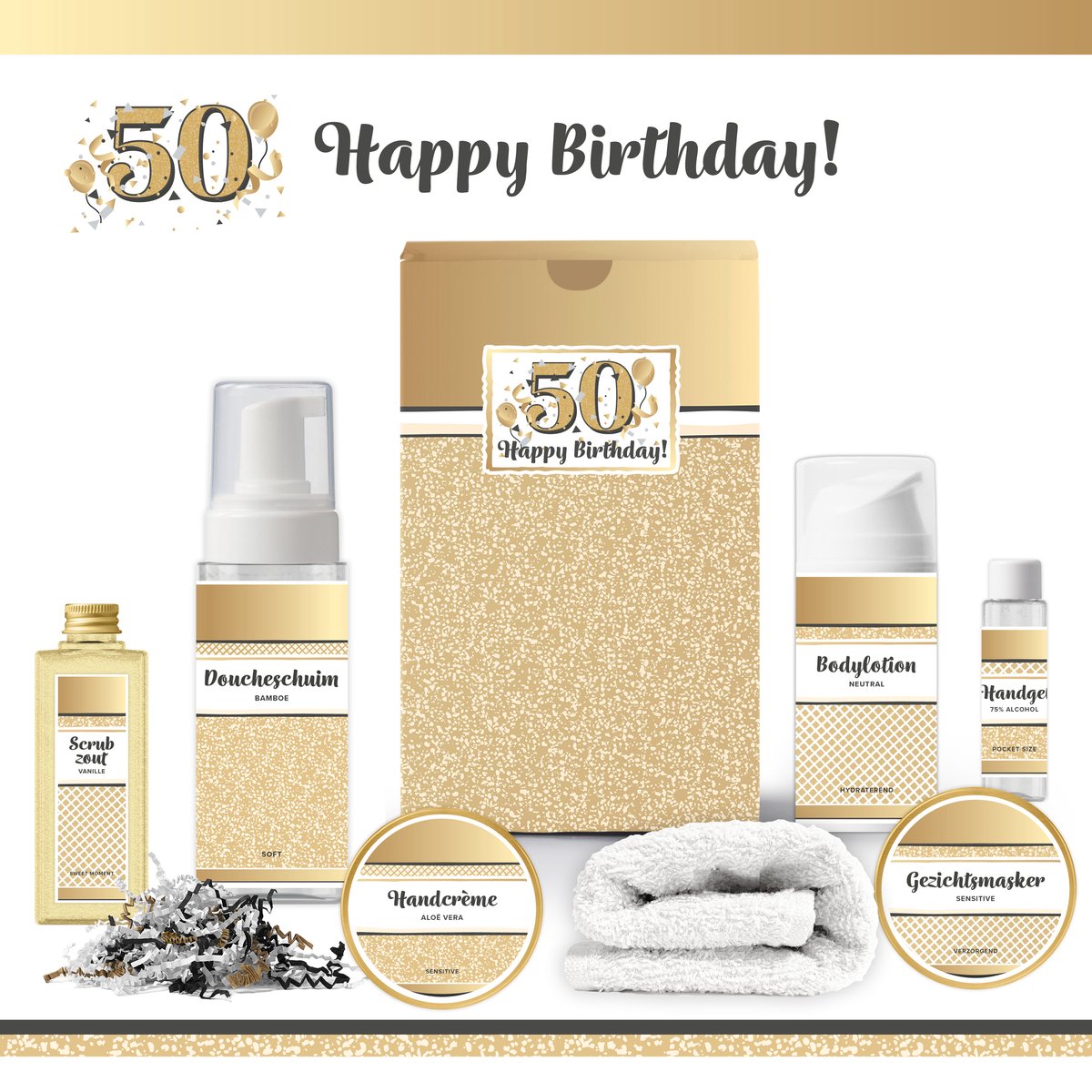 Goedkoopste Geschenkset “50 Jaar Happy Birthday!” - 7 producten - 650 gram | Giftset voor haar - Luxe wellness cadeaubox - Cadeau vrouw - Gefeliciteerd - Set Verjaardag - Geschenk jarige - Cadeaupakket moeder - Vriendin - Zus - Verjaardagscadeau - Goud