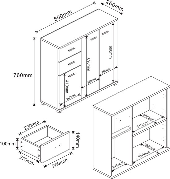 Technische tekening van wit halmeubel, met afmetingen van kast en lade.
