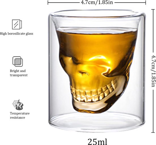LGZ Set van 3 doodshoofd-glazen van glas, 80 ml, originele borrelglazen