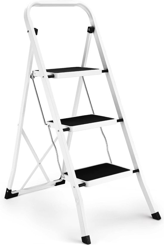 Foto: 3 traps ladder inklapbare trapladder met antislip pedaal draagbare stevige ladder met leuningen perfect voor keuken en huishouden 150 kg capaciteit wit