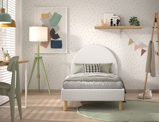 Lit simple Maeva - 212x97x107 cm - Tissu bouclé blanc - Vipack - Lits simples rembourrés - Blanc - Textile - Lits simples rembourrés