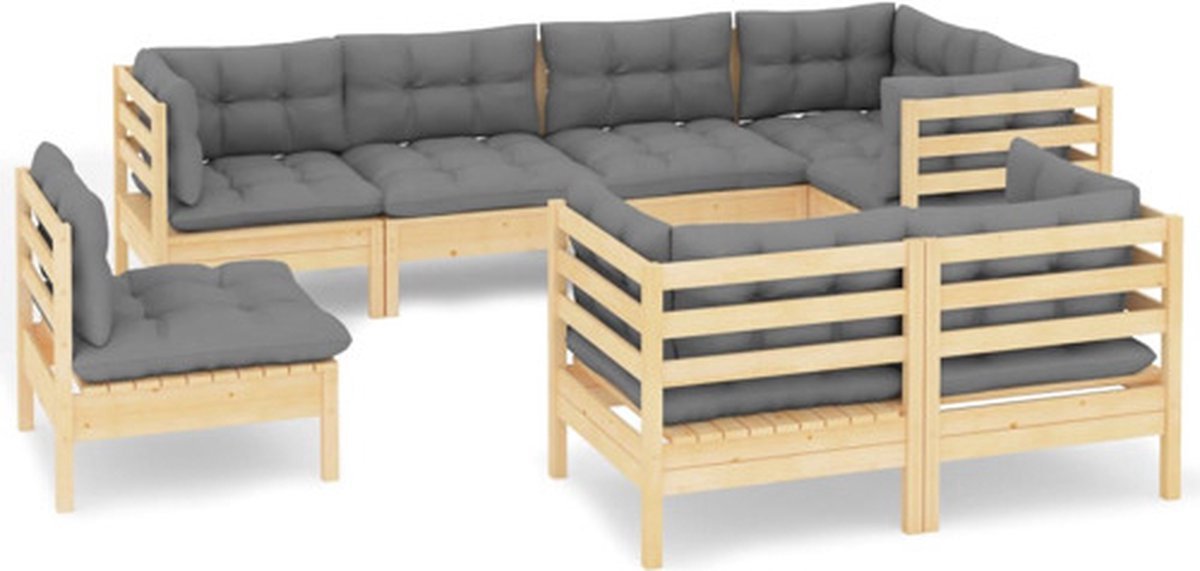 The Living Store 8-delige Loungeset met grijze kussens massief grenenhout - Loungeset - Tuinlounge - Lounge Bank - Houten Loungestoel - Outdoor Furniture