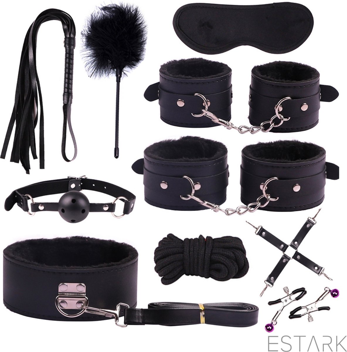 Goedkoopste ESTARK® BDSM bondage Set - SM Handboeien - Doe Dobbelsteen - Zweep / Veer / Zweepje - Bondageset - Erotische Blinddoek - Oogmasker - Zweep - Touw - Sex Toys - Seksspeeltjes Voor Koppels - Handcuffs - Bondage Sex Seks - Zwart