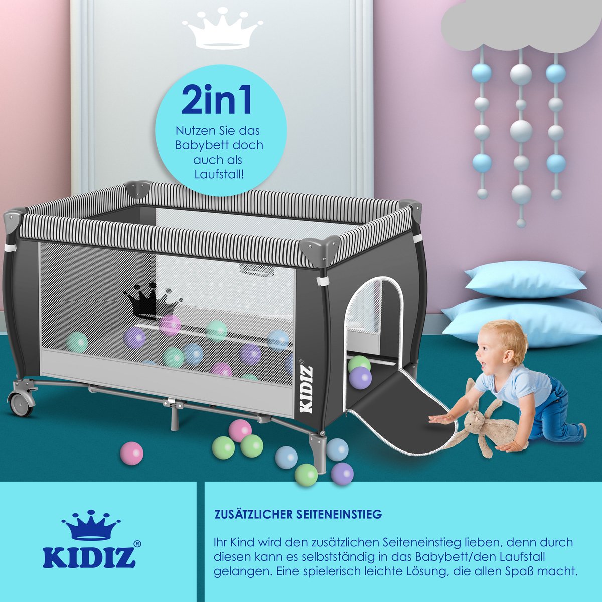 KIDIZ Campingbedje 3-in-1: opvouwbare reiswieg met luiertafel thumbnail 2