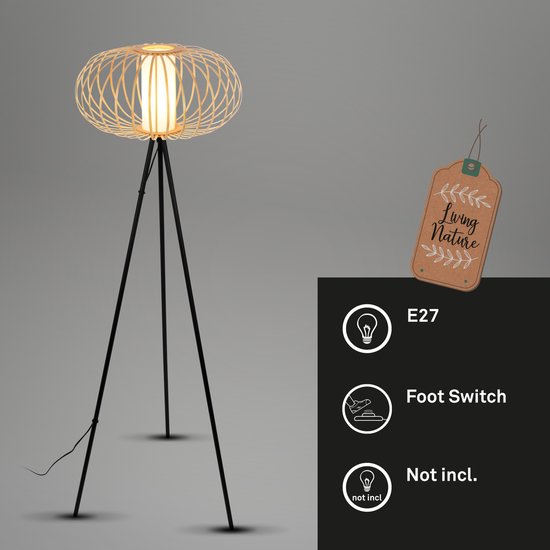 Staande lamp met bamboe lampenkap, E27 fitting, voet schakelaar, niet inbegrepen lichtbron, 'Living Nature' label.