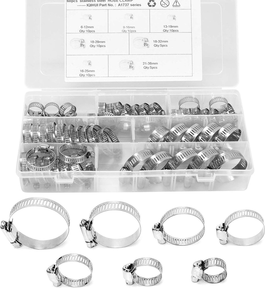Hose Clamps Stainless Steel Set, 8 Sizes, 638 mm, 60 Pieces