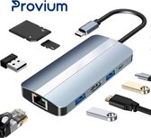 USB-C Hub - 8 in 1 - Ethernet - HMDI - USB 3.0 - Micro-SD - RJ45 - Docking Station adapter splitter - Grijs - Provium