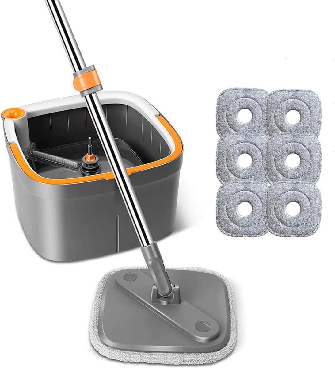 Goedkoopste Vloerwisserset spinmop en emmerset met 6 microvezel-dweilpads met zelfscheidend vuil en vers watersysteem, zelfuitwringend, 360° draagbare vierkante mopkop