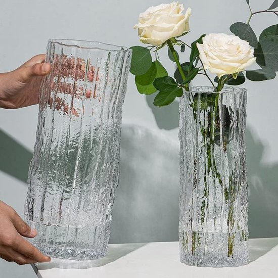Moderne glazen vaas, cilindervormige glazen vaas, grote decoratieve vazen, handgemaakte glazen vaas met massieve ijsbodem, glas, bloemenvaas voor thuis, kantoor, bruiloft, decoratie, cadeau (30