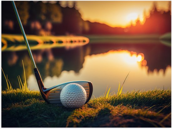 Poster Glanzend – Golf - Golfbal - Golfclub - Zonsondergang - Gras - Water - 40x30 cm Foto op Posterpapier met Glanzende Afwerking