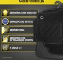 Set van vier zwarte automatten, met vermelding van voordelen zoals kwaliteit en herkomst.