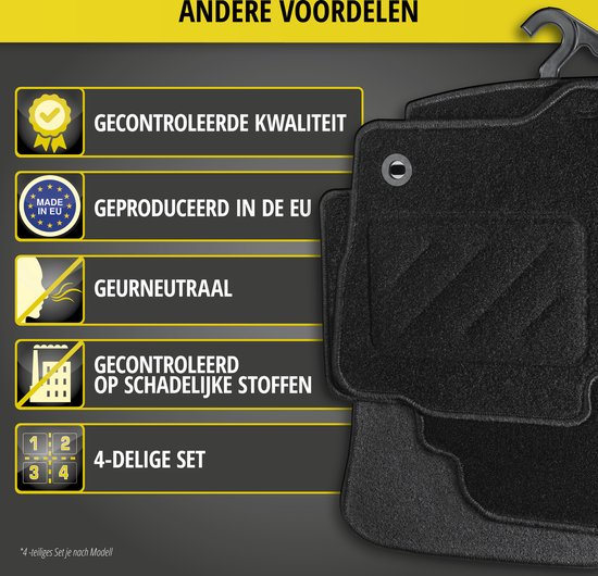 Set van vier zwarte automatten, met vermelding van voordelen zoals kwaliteit en herkomst.