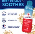 Een fles TropiClean OxyMed Oatmeal Treatment met uitleg van de voordelen en illustraties.