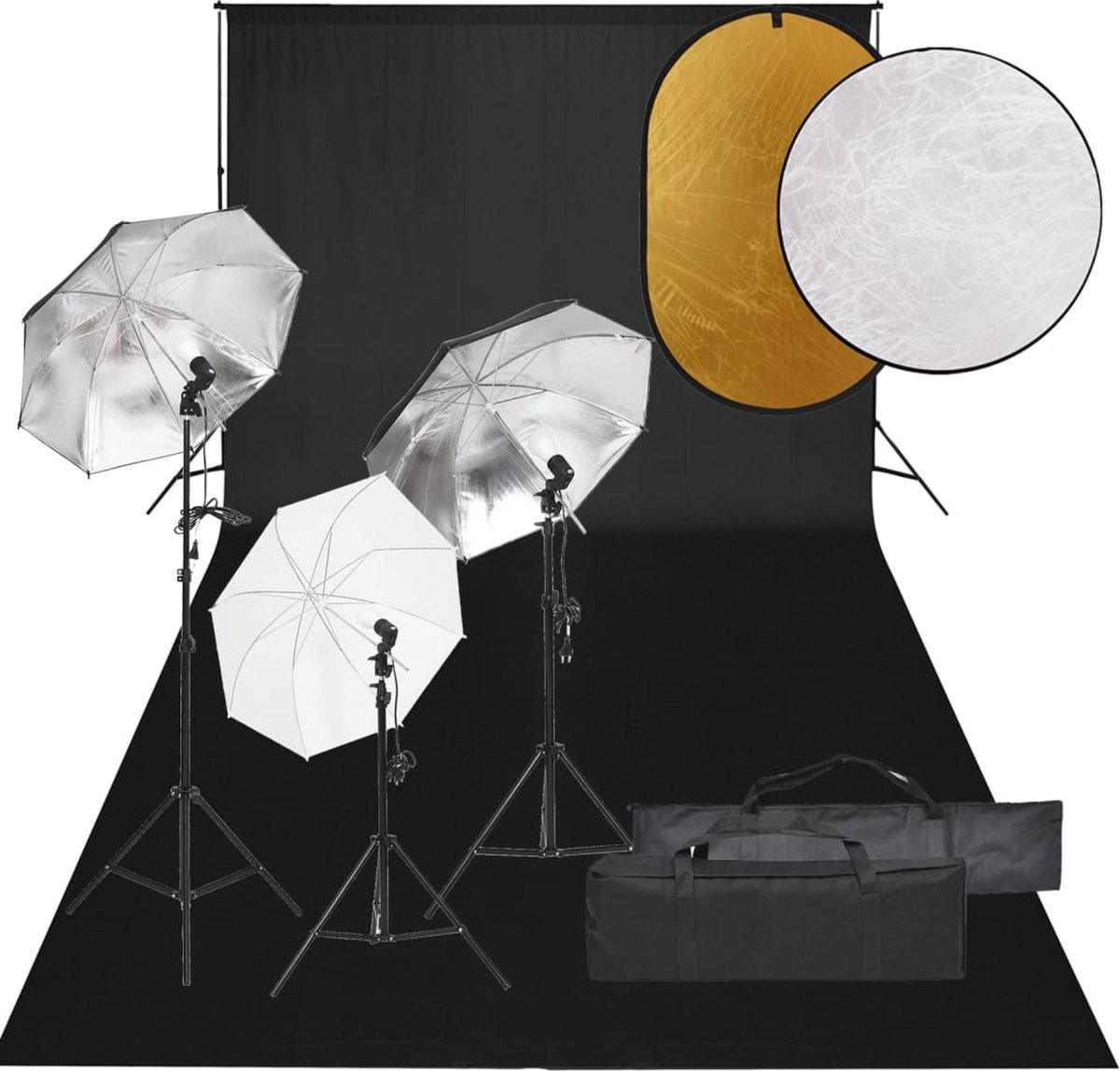 The Living Store Fotostudioset - Complete set met verlichting - achtergrondsysteem en reflector - 3 paraplus - zwart - 300x300 cm - goud/zilver/wit/zwart - 110 cm/1.5x1 m - incl - draagtas