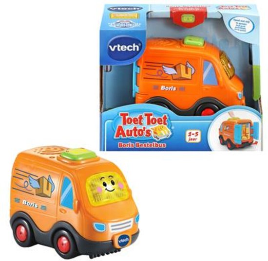 Oranje VTech Boris Bestelbus speelgoed auto, naast de verpakking met "Toet Toet Auto's".