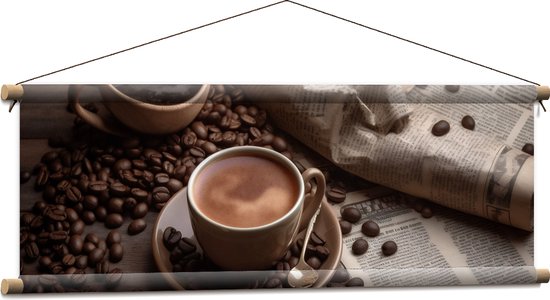 Textielposter - Koffie - Krant - Koffiebonen - Lepel - Kopje - 90x30 cm Foto op Textiel
