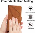 Bruin telefoonhoesje met stikseldetail en een hand die de comfortabele grip test. Splash proof, vingerafdruk- en krasbestendig.