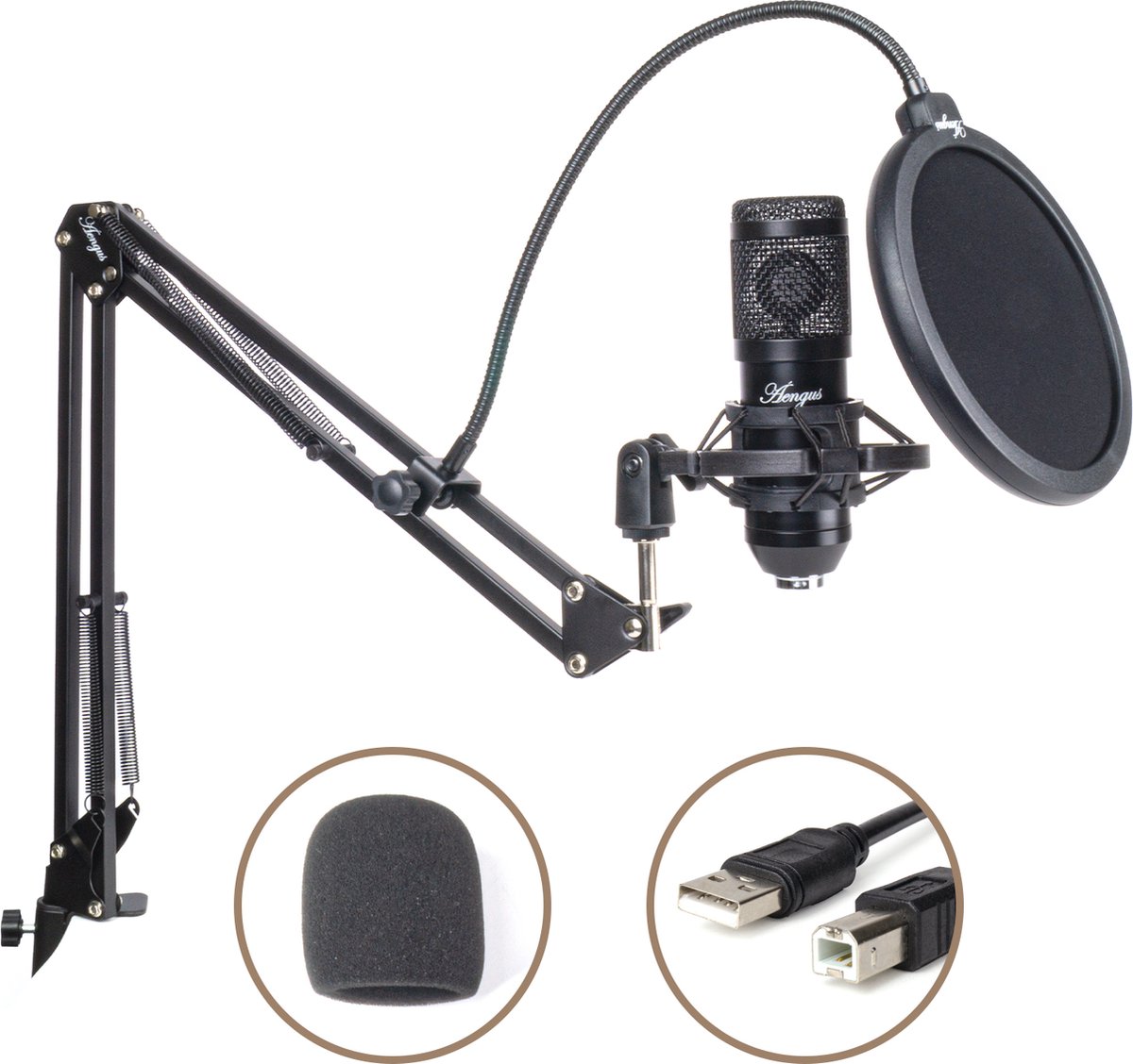 USB Microfoon bundel - Condensator Studiomicrofoon met Broadcast statief en Popfilter - Áengus
