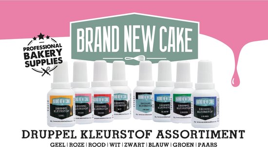 8 flesjes Brand New Cake druppel kleurstof op een witte achtergrond met logo en tekst.