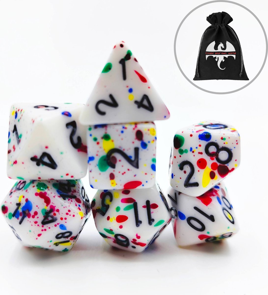 Lapi Toys - Dungeons and Dragons dobbelstenen - DnD - D&D - Polydice - 1 set (7 stuks) - Acryl - Wit - Meerkleurig