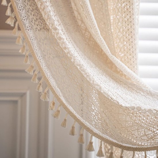BZSQD B: 150 x H: 160-300 cm Boho Katoen Haak Gordijn, Vintage Kant Gordijnen Voor Woonkamer Oogje Bloemen Katoen Linnen Gordijn