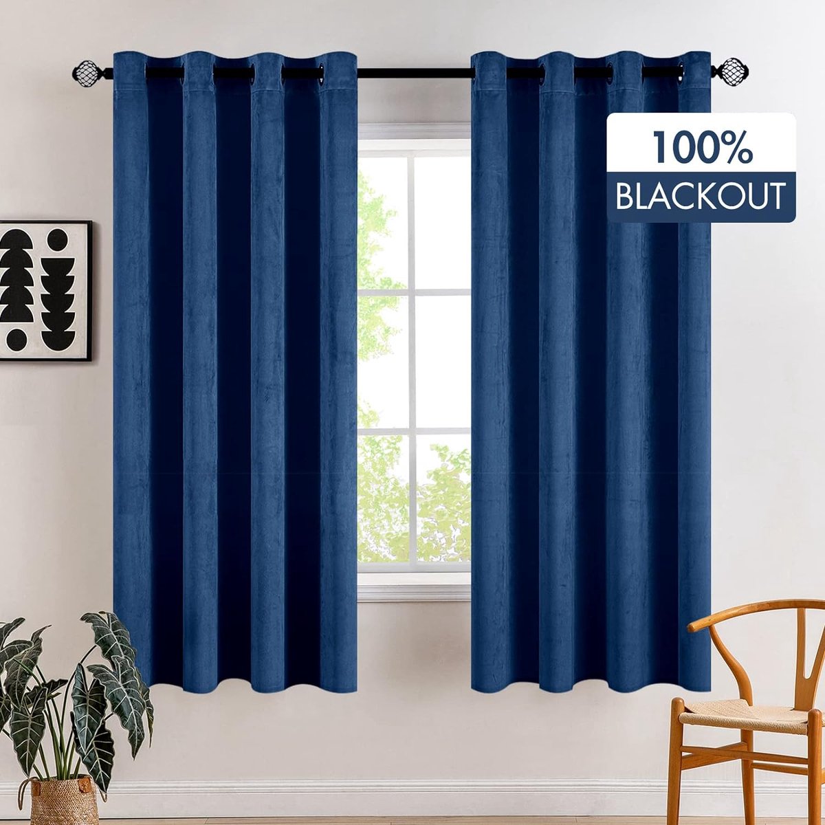 Thuys Gordijnen, kort, 100% ondoorzichtig, fluweel, korte gordijnen voor slaapkamer, ondoorzichtig, thermische gordijnen met ringen, koudebescherming, verduisteringsgordijn, set van 2, H x B 145 x donkerblauw