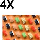 BWK Textiele Placemat - Verschillende Soorten Sushi op een Oranje Achtergrond - Set van 4 Placemats - 45x30 cm - Polyester Stof - Afneembaar