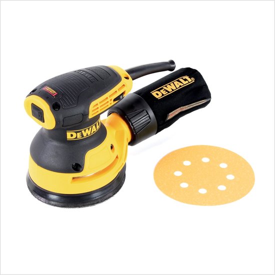 Gele DeWalt excentrische schuurmachine met stofzak en losse schuurzool.