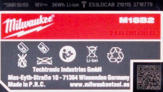 Batterie Milwaukee M18B2 18V 2,0 Ah