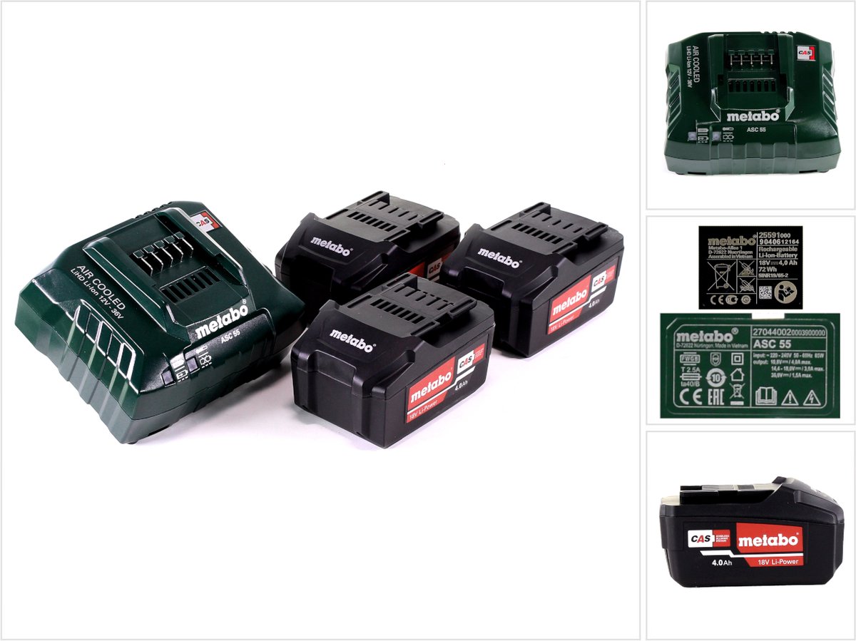 Metabo basisset 3x Li-Power accupack 18 V 4 0 Ah CAS Li-Ion accu ( 3x 625591000 ) + lader ASC 55 ( 627044000 )