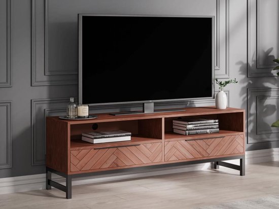 Tv-meubel met 2 laden en 2 vakken - Acaciahout en metaal - Naturel en zwart - VEDILA L 160 cm x H 50 cm x D 40 cm